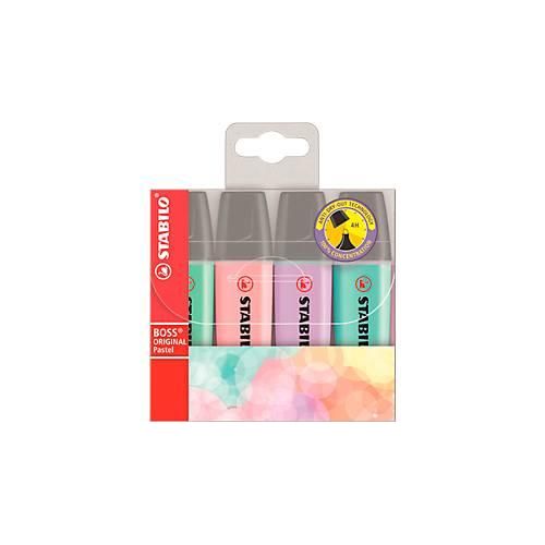Textmarker Stabilo® Boss Original, Pastelltöne, Keilspitze, lichtbeständig, schnell trocknend, 4er-Etui