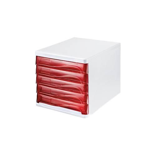 Schubladenbox helit, 5 Schübe, DIN A4, B 265 x H 250 x T 340 mm, Polypropylen, Gehäuse weiß/Schublade rot transparent