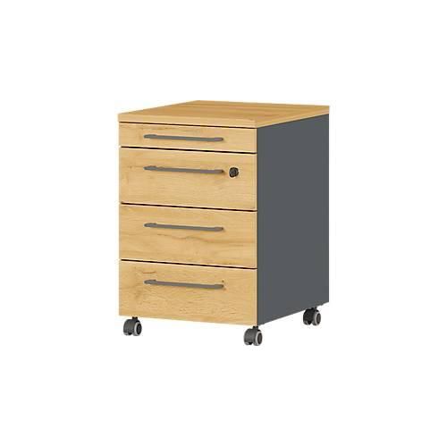 Rollcontainer Agenda Home, 3 Schubladen, Utensilienauszug, B 420 x T 490 x H 610 mm, Graphit/Eiche