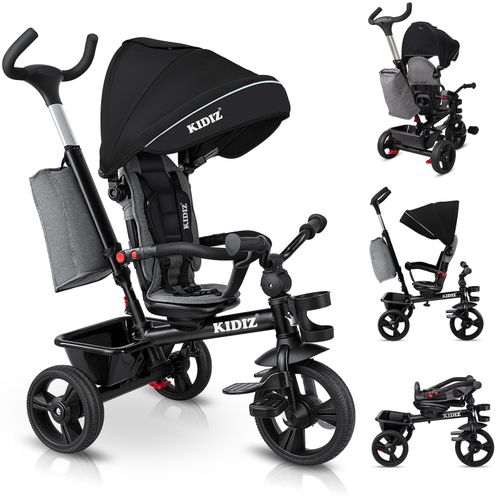 KIDIZ® Dreirad 5in1 Kinderdreirad mit Schubstange Lenksystem Stange ab 1 Jahr vorwärts und Rückwärtsfahrt Jogger , Korb Tasche Getränkehalter Sonnendach Gummiräder, Buggy Fahrrad Baby Klappbar
