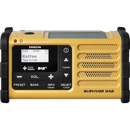 Sangean Survivor DAB Outdoorradio DAB+, UKW Notfallradio Akku-Ladefunktion, Taschenlampe, wiederaufladbar, Handkurbel, Solarpanel Gelb