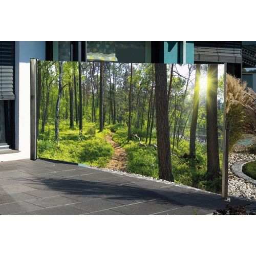 Seitenmarkise mit Fotodruck Wald 1,6x3m, links - Auszug rechts