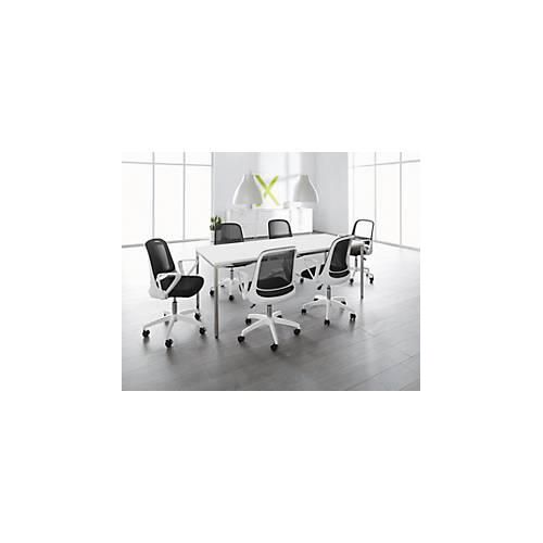 Sparset Konferenzstühle, sitzhöhenverstellbar, Bezug schwarz, Gestell weiß, Sitzmaße B 480 x T 480 x H 445-540 mm, 6 Stück + Konferenztisch, weiß, B 2000 x T 800 mm