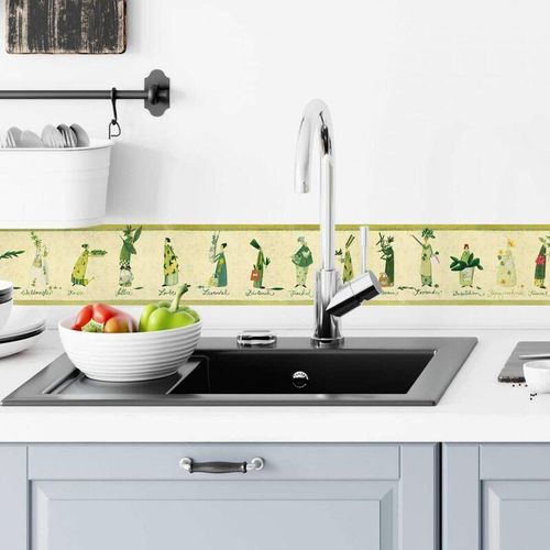 Bordüre Kunstdruck Leffler Küche Gewürz Kräuter Rosmarin Lavendel Koriander Deko Wandbild selbstklebend 3x 120x10cm – grün