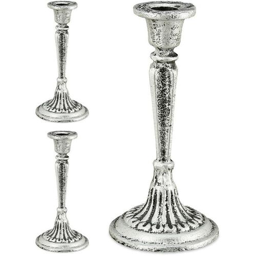 3 x Kerzenständer einarmig, für Tafel- & Stabkerzen, Kerzenleuchter Vintage, Kerzenhalter Gusseisen, HxD 19×9 cm, silber