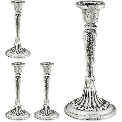 4 x Kerzenständer einarmig, für Tafel- & Stabkerzen, Kerzenleuchter Vintage, Kerzenhalter Gusseisen, HxD 19×9 cm, silber