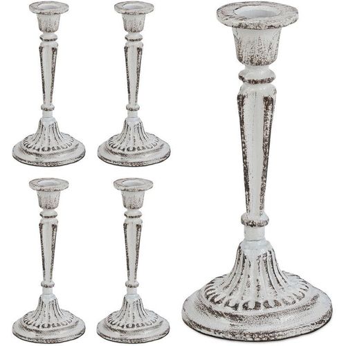 5 x Kerzenständer einarmig, für Tafel- & Stabkerzen, Kerzenleuchter Vintage, Kerzenhalter Gusseisen, HxD 19 x 9 cm, weiß