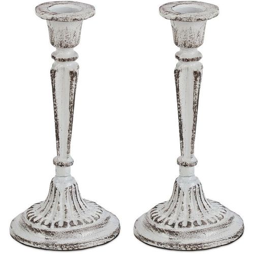 2 x Kerzenständer einarmig, für Tafel- & Stabkerzen, Kerzenleuchter Vintage, Kerzenhalter Gusseisen, HxD 19 x 9 cm, weiß