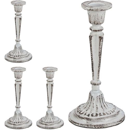 4 x Kerzenständer einarmig, für Tafel- & Stabkerzen, Kerzenleuchter Vintage, Kerzenhalter Gusseisen, HxD 19 x 9 cm, weiß