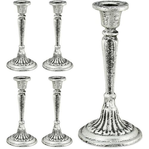 5 x Kerzenständer einarmig, für Tafel- & Stabkerzen, Kerzenleuchter Vintage, Kerzenhalter Gusseisen, HxD 19×9 cm, silber