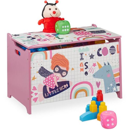Relaxdays - Spielzeugtruhe, mit Heldin-Motiv, Spielzeugkiste mit Deckel, hbt: 39x60x36,5 cm, mdf, Spielzeugbox, rosa/weiß