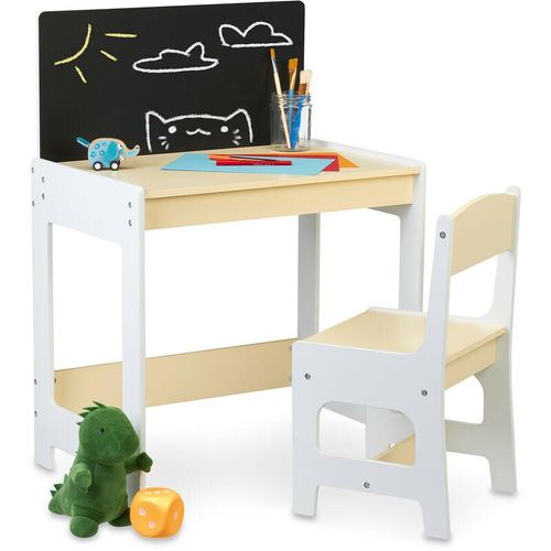 Kindersitzgruppe, Tisch & Stuhl, Kindertisch mit Tafel, zum Malen & Basteln, Kindersitzkombination, weiß/beige – Relaxdays