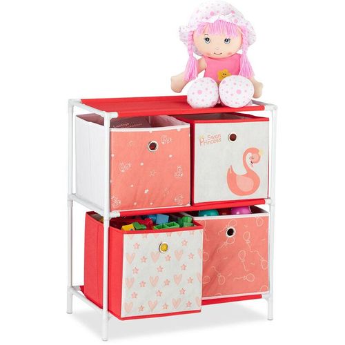 Kinderregal mit 4 Boxen, Spielzeug, Mädchen, Schwan-Design, Regal Kinderzimmer, hbt: 62 x 53 x 30 cm, weiß/rot - Relaxdays