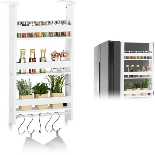 Hängeregal für Kühlschrank, Aufbewahrung von Gewürzen, mit Küchenreling & 5 Haken, mdf, hbt: 74x42x20 cm, weiß - Relaxdays