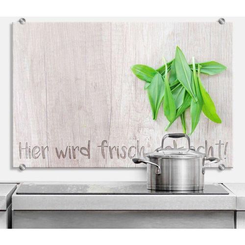 Esg Glasbild Spritzschutz Küche Schriftzug Frisch gekocht Basilikum Holzoptik 100x70cm – grün
