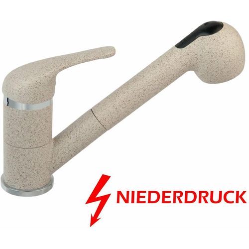 Beige Niederdruck Küchenarmatur mit ausziehbarer Geschirrbrause von Ferro Modell Pepe in Granit Look - Spültischarmatur Küchen Wasserhahn fürs