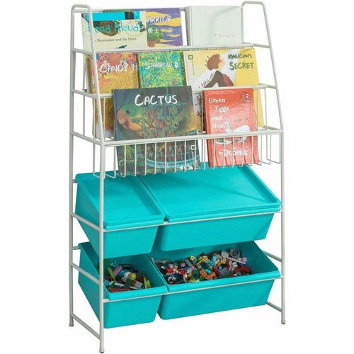 KMB07-B Kinder-Bücherregal Büchergestell mit 3 Ablagefächern Spielzeugaufbewahrungregal Kinderregal mit 4 Spielzeugkisten, weiß/blau bht ca: