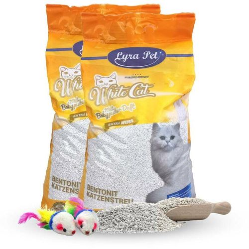 White Cat - 2 x 15 Liter Lyra Pet® ® Katzenstreu Bentonit mit Babypuderduft + 2 Mäuse