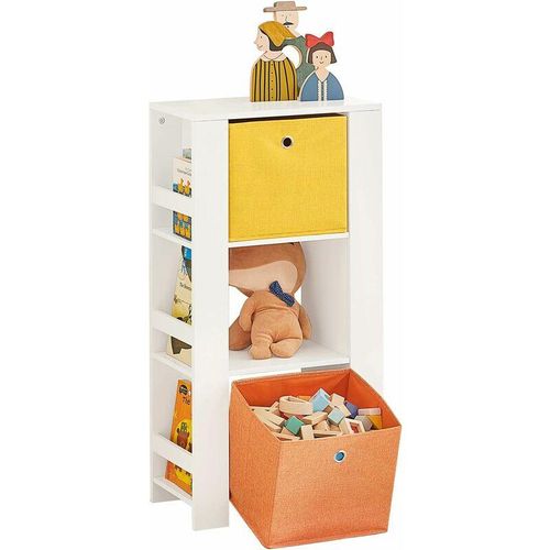 KMB48-W Kinder Bücherregal mit Turm-Design Kinderregal mit 2 Stoffboxen Spielzeugregal Aufbewahrungsregal für Kinder Spielzeug-Organizer Weiß bht