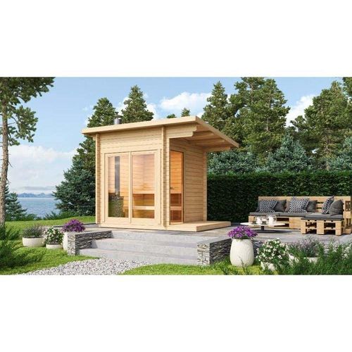 FinnTherm Saunahaus Lizzy XS Gartensauna 2 Sitzbänke aus Holz, Sauna mit 40 mm Wandstärke, Außensauna – Naturbelassen