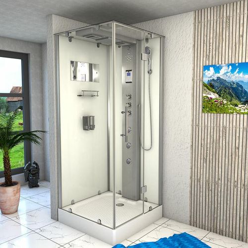Dampfdusche Duschtempel Sauna Dusche Duschkabine D38-10R3-EC 90×90 cm – Weiß