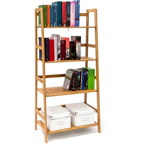 Bücherregal aus Bambus mit 4 Ablagen HxBxT: ca. 120 x 57 x 31 cm Regal für Bücher in Leiterform Standregal mit Durschubsicherung als Bücherschrank