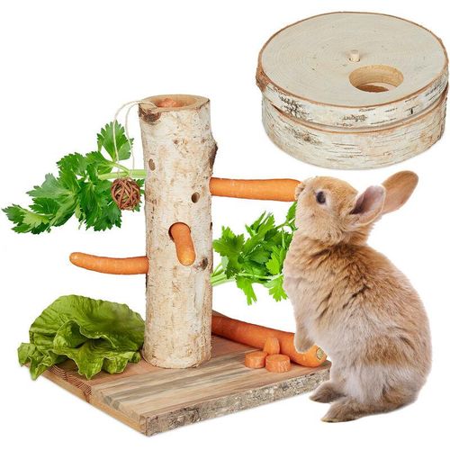 Kaninchen Spielzeug, 2tlg. Set, Futterbaum & Intelligenzspielzeug, Holz, Zubehör Meerschweinchen, Hasen, natur - Relaxdays