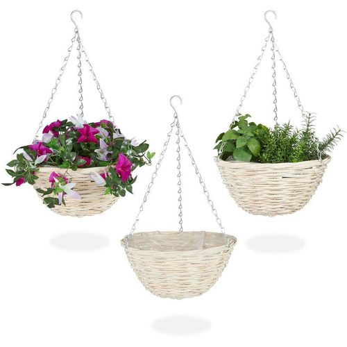 Blumenampel, 3er Set, Rattan Korbgeflecht, handgefertigt, Folie, Eisenkette, Hängetopf HxD: 15 x 30 cm, natur - Relaxdays