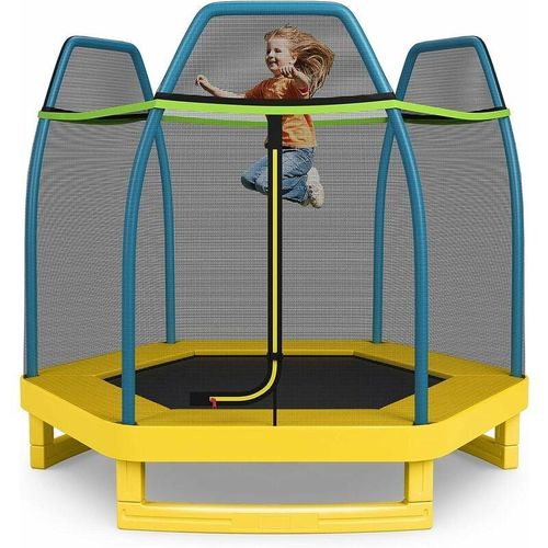223cm Gartentrampolin mit Sicherheitsnetz, Trampolin bis 150kg, Indoor-/Outdoortrampolin für Kinder ab 3 Jahre Gelb – Costway