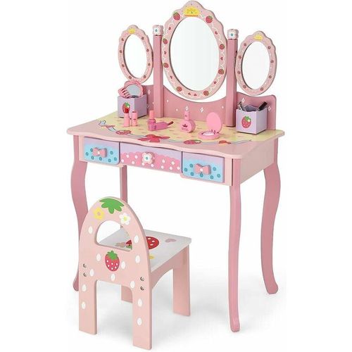 Kinder Schminktisch Set, Frisiertisch mit Klappbarem Spiegel, Schminkhocker und 3 Schubladen, Make-up Schminktisch Frisierkommode für Kinder Pink