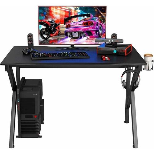 Gaming Tisch 115 cm, K-foermiger Gamingtisch mit Kopfhoererhaken & Tassenhalter & Kabelmanagement, ergonomischer Computertisch mit verstellbaren
