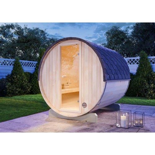 Fass-Sauna Mini s Fasssauna 2 Sitzbänke aus Holz, Sauna mit 42 mm Wandstärke Außensauna – Naturbelassen – Finntherm