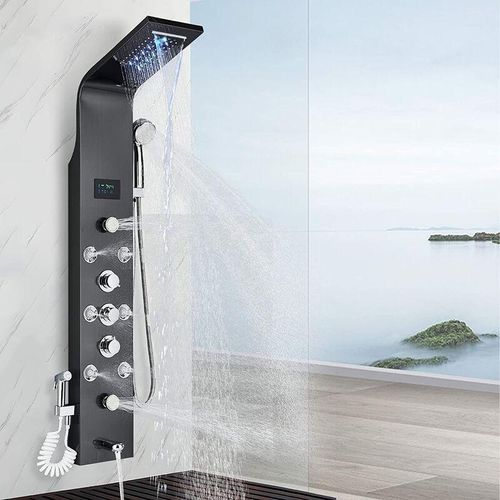 Edelstahl Duschpaneel led mit Massagestrahl und Handbrause Schwarz Duschset 6 Funktionen Duschsystem Temperaturanzeige Duschsäule