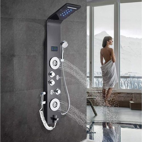 Duschpaneel Schwarz 6 Funktionen Regendusche Duschset, Duschsystem mit handbrause,Wasserfall Regenduschkopf und Wanneneinlauf
