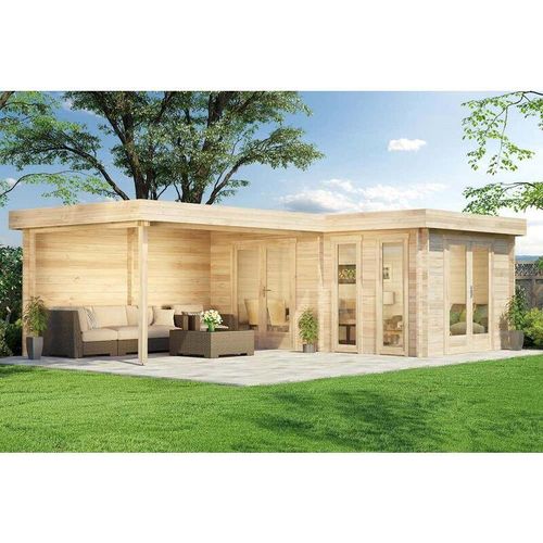 Carlsson Flachdach Gartenhaus Modell Quinta iso aus Holz Holzhaus mit Schleppdach Freizeithaus mit Terrasse Blockbohlenhaus, 70 mm, Imprägnierung
