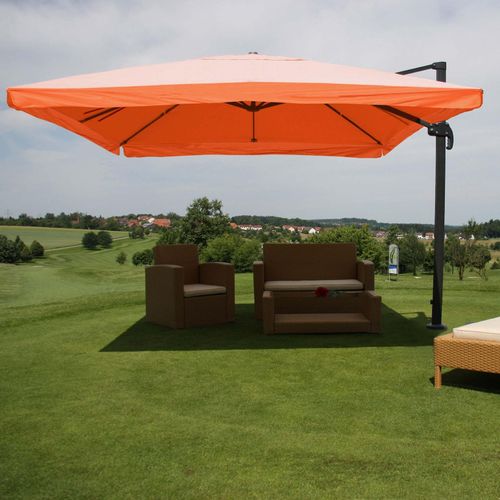 Ampelschirm MCW-A96, Gastronomie, 3x3m (Ø4,24m) Polyester Alu/Stahl 23kg ~ Flap, terracotta ohne Ständer, drehbar
