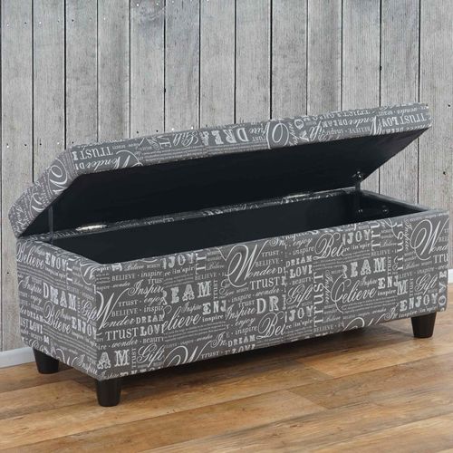 Aufbewahrungs-Truhe Kriens, Sitzbank Bank, Stoff/Textil, 45x114x45cm MVG-zertifiziert ~ Schriftzug, grau
