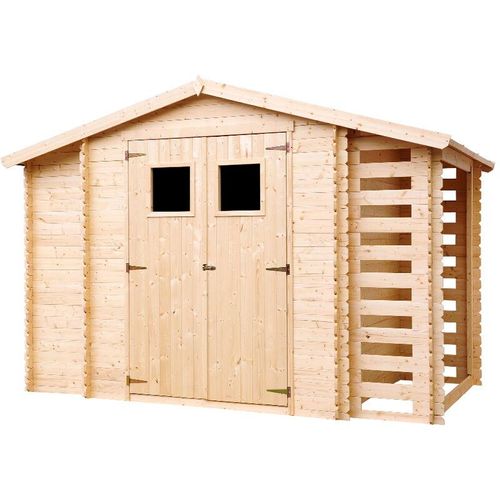 Gartenhaus mit Brennholzregal aus Holz 5,41 m2 – Gartenschuppen Holz – B206xL328xH218 cm – Geräteschuppen – TIMBELA M389