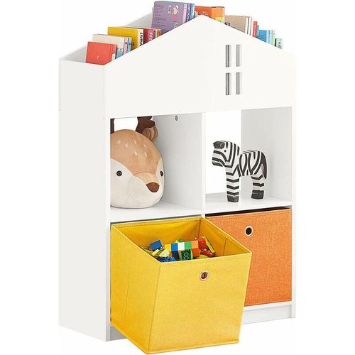 KMB49-W Kinder Bücherregal mit Haus-Design Kinderregal mit 2 Stoffboxen Spielzeugregal Aufbewahrungsregal für Kinder Spielzeug-Organizer Weiß bht