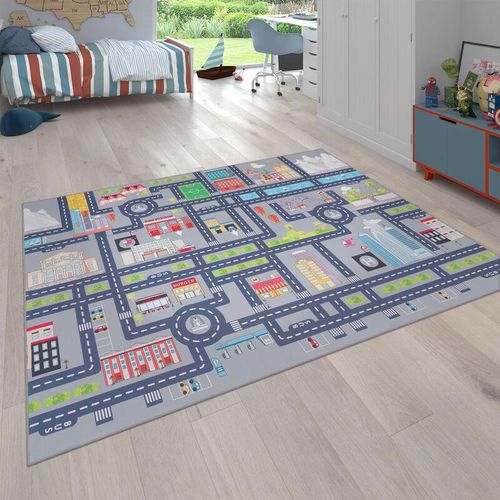 Spielteppich Kinderteppich Kinderzimmer Straßenteppich Auto Straßen Motiv, Grau 120x160 cm - Paco Home