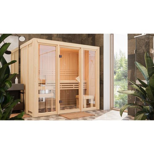 Karibu Sauna „View 2“ SET naturbelassen 3,6kW Ofen finnisch