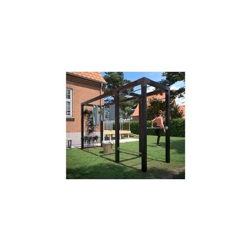 Outdoor Fitnessgerät Cubic aus Holz mit Stahlspalier und Wäscheleine in der Größe 369 x 108 x 208 cm in Schwarz