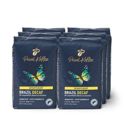 Privat Kaffee Brazil Decaf (entkoffeiniert) - 6x 500 g Ganze Bohne