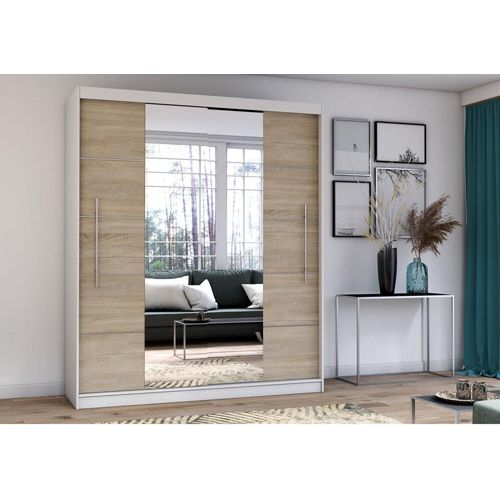 Schwebetürenschrank Kleiderschrank Schrank 204cm WEISS/SONOMA mit zwei Spiegeln und Zierleisten Torino