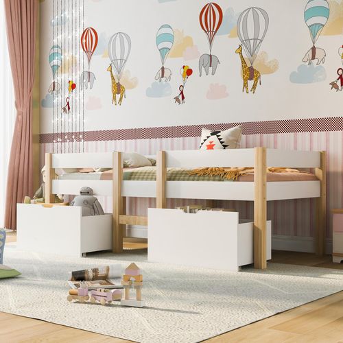 Flieks Kinderbett Massives Kiefernholzbett Hochbett mit Lattenrost, 2 Schubladen und Rausfallschutz 90*190cm, Naturbelassen