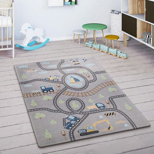Kinderteppich Kinderzimmer Teppich Spielmatte Spielteppich Straßenteppich Grau Grün 80 cm Rund - Paco Home