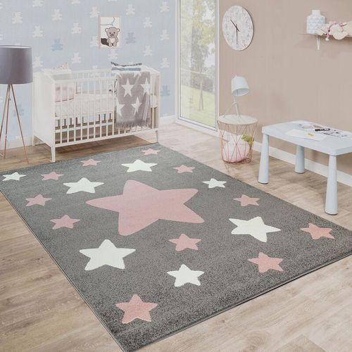 Teppich Kinderzimmer Kinderteppich Große Und Kleine Sterne In Grau Rosa 120x170 cm - Paco Home