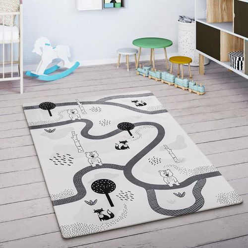 Kinderteppich Kinderzimmer Teppich Spielmatte Straßenteppich Rutschfest Weiß Grau 80x150 cm - Paco Home