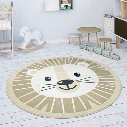 Kinderteppich Teppich Rund Kinderzimmer Spielmatte Rutschfest Löwen Beige 150 cm Rund - Paco Home
