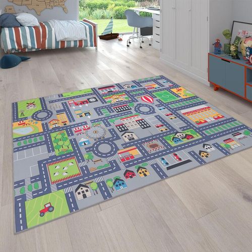 Paco Home - Spielteppich Kinderteppich Kinderzimmer Straßenteppich Straßen Design, In Grau ø 160 cm Rund